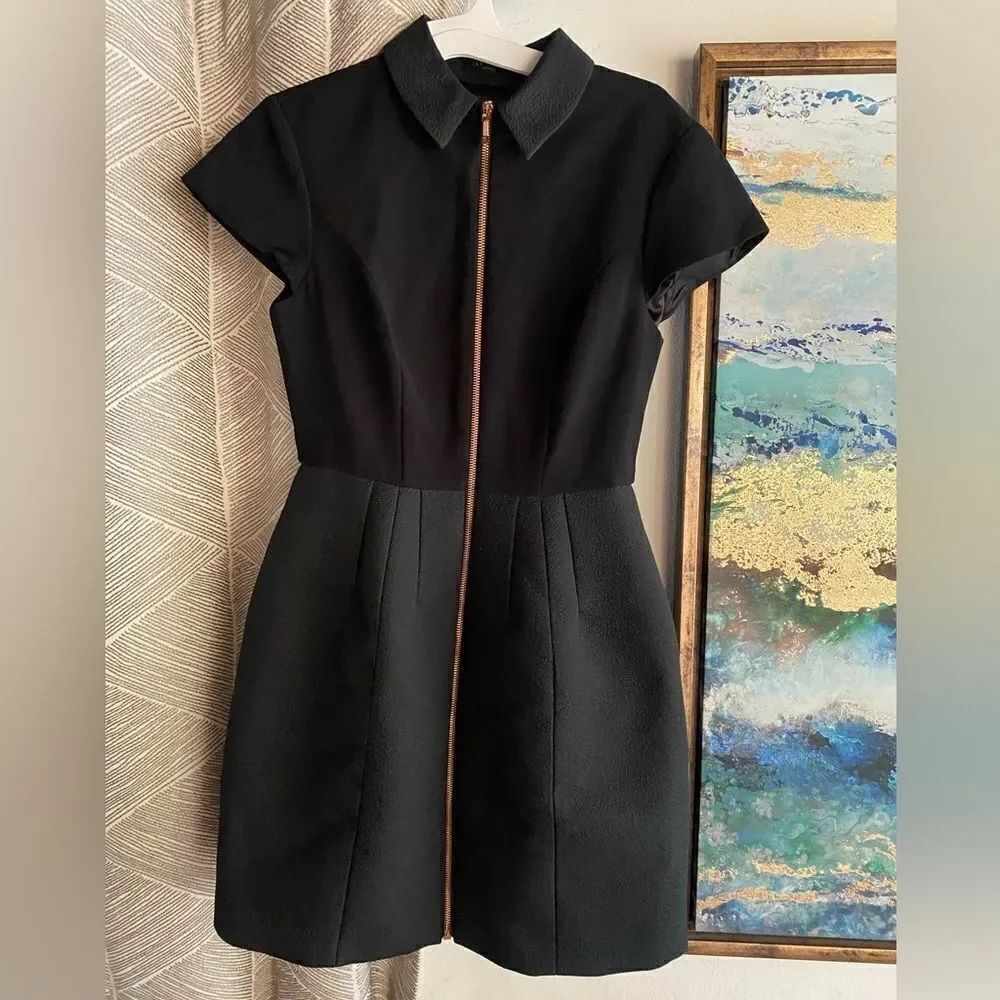 Ted Baker Mini Dress Women Size 1 (XS) Black Collared Zip Front